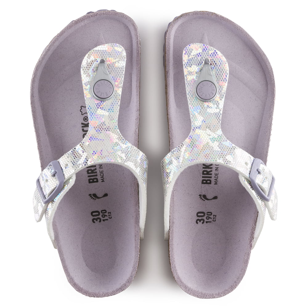 Birkenstock Hologram Silver Lavender Gizeh Kids Synthetics Top View