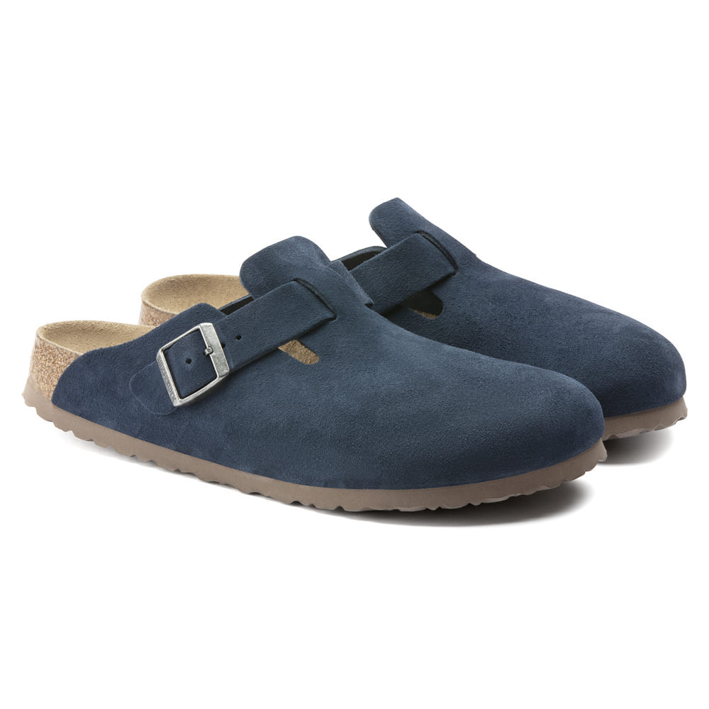 Birkenstock Blue/Navy Boston Soft Footbed Suede Leather clog pair