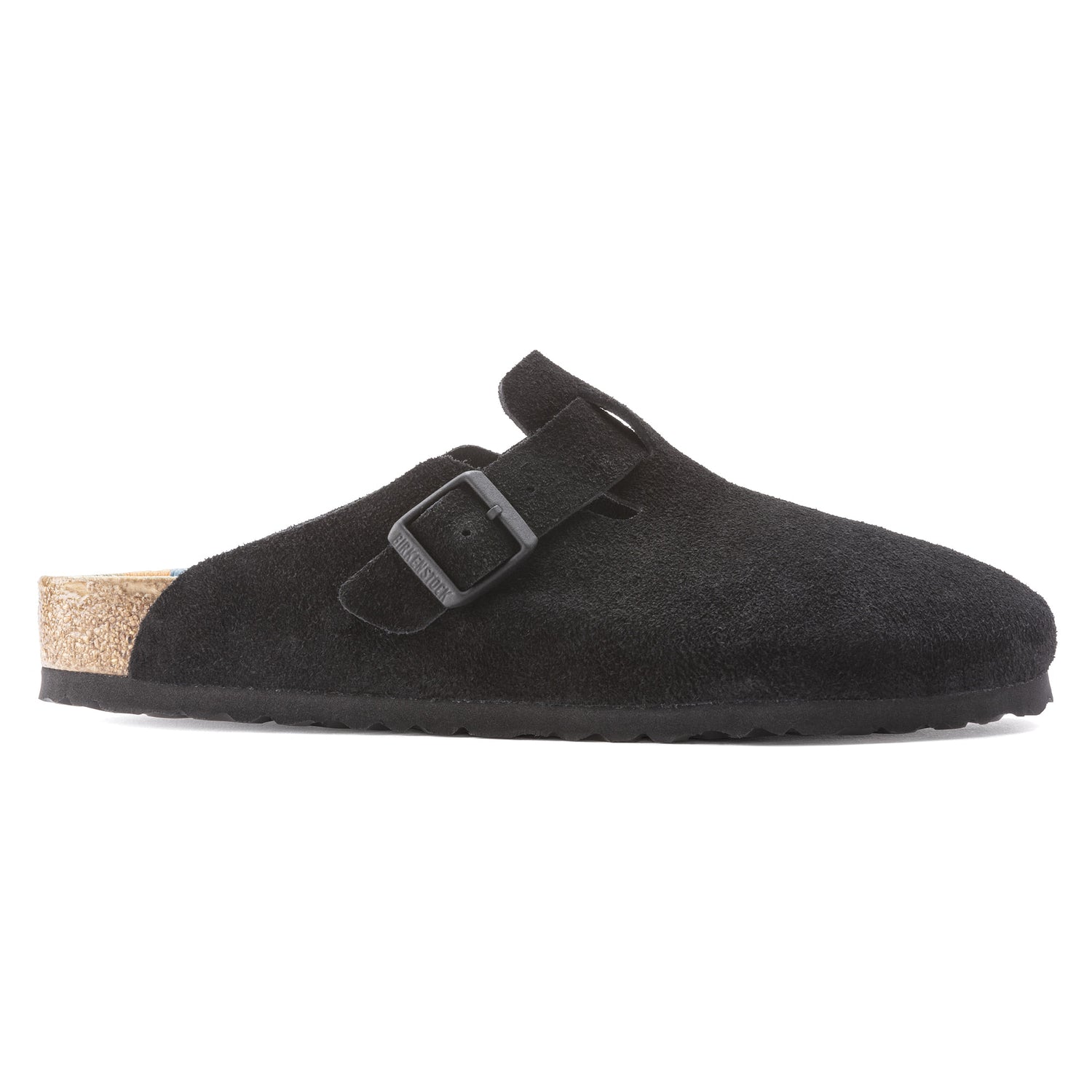 Birkenstock Boston Suede Black Leather Clog Side Look